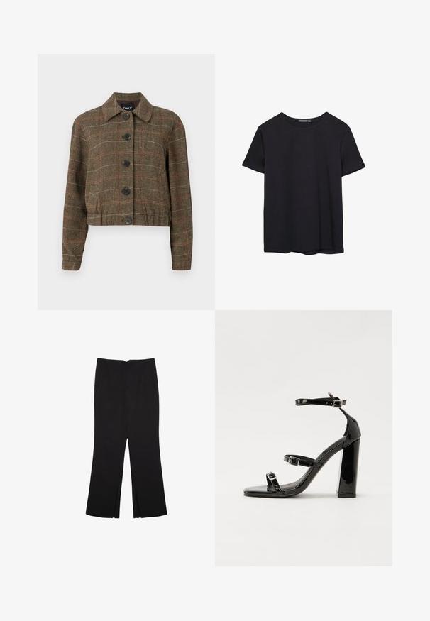 Rjava houndstooth krojena jakna s ovratnikom, šestimi črnimi gumbi in kontrastnimi rdečimi in bež črtami po celotni tkanini.; Enostavna črna bombažna majica s kratkimi rokavi in okroglim izrezom, prikazana na belem ozadju.; Črne hlače ravnega kroja z naglavnimi žepi in stranskimi razporki na robu. Narejene iz mehke, gladke tkanine. Primerne za različne priložnosti.; Črne lakirane sandale s peto, kvadratnim prstom, trakovi okrog gležnja in srebrnimi zaponkami. Opremljene so s stabilno Debelo peto.