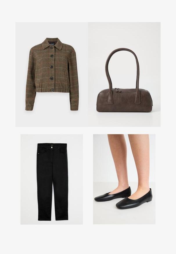 Bruine houndstooth cropped jasje met een kraag, zes zwarte knopen en contrasterende rode en beige lijnen door de geweven structuur.; Zwarte turtleneck met lange mouwen, gemaakt van ribbelstof, heeft een aansluitend ontwerp met een hoge hals en geen patronen of accenten.; Zwarte denim broek met een recht model, voorzien van een middelhoog taille, vijf zakken en een sluiting met een knoop aan de voorkant. Gladde textuur, geen zichtbare patronen.; Zwarte ballerina's van soepel leer met een ronde neus en een lage, platte zool, met een slip-on ontwerp en zonder zichtbare hardware.; Bruine leren handtas met twee stevige handvatten, rechthoekige vorm, gladde textuur en ritssluiting. Minimalistisch ontwerp zonder zichtbare patronen.