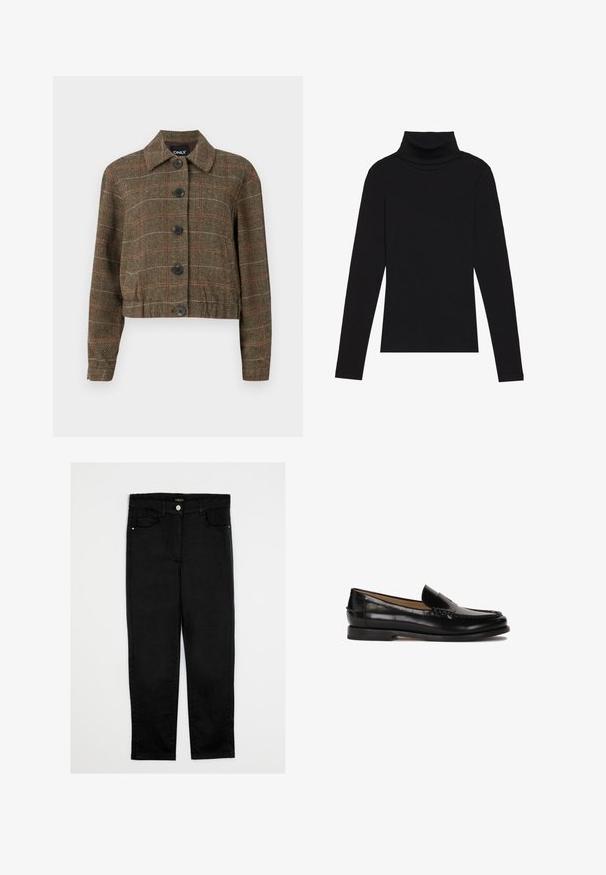 Giacca cropped a scacchi marrone con colletto, sei bottoni neri e linee a contrasto rosse e beige nel tessuto intrecciato.; Maglione a collo alto nero a maniche lunghe, realizzato in tessuto a coste, presenta un design aderente con un collo alto e senza motivi o dettagli.; Pantaloni in denim nero con taglio dritto, caratterizzati da una vita media, cinque tasche e chiusura con bottone frontale. Texture liscia, senza motivi visibili.; Mocassino in pelle nera con punta arrotondata, design slip-on e dettagli di cucitura discreti lungo la parte superiore. Suola piatta in gomma.