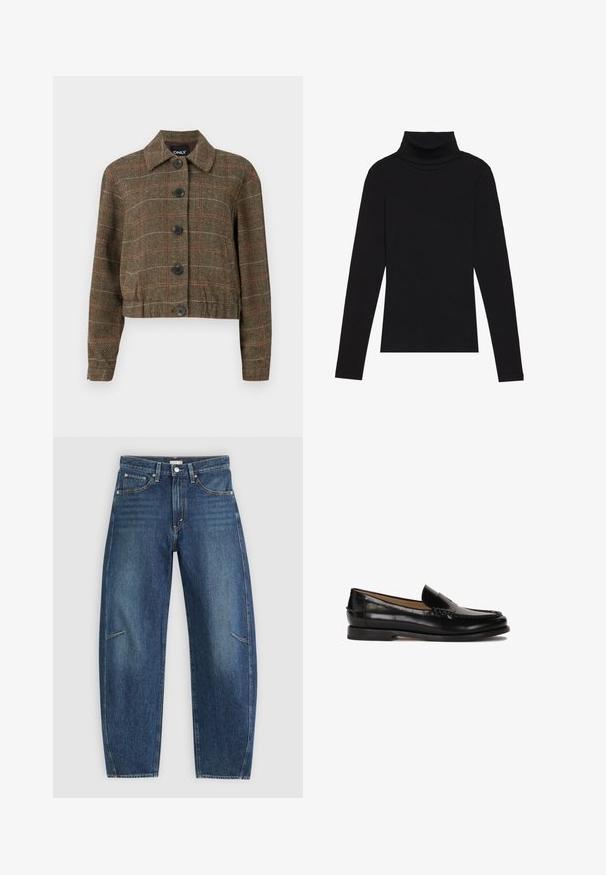 Brun houndstooth kort jakke med krave, seks sorte knapper og kontrasterende røde og beige striber i det vævede mønster.; Sort højhalset bluse med lange ærmer, lavet af ribbet stof, har et tætsiddende design med en høj krave og uden mønstre eller detaljer.; Mørkeblå denim jeans med lige ben-design, der har forkæbbes lommer, kontrastsyninger og en subtil falmet tekstur på benene.; Sorte læder loafers med en rund tå, slidserdesign og subtile syninger langs overdelen. Flad gummisål.