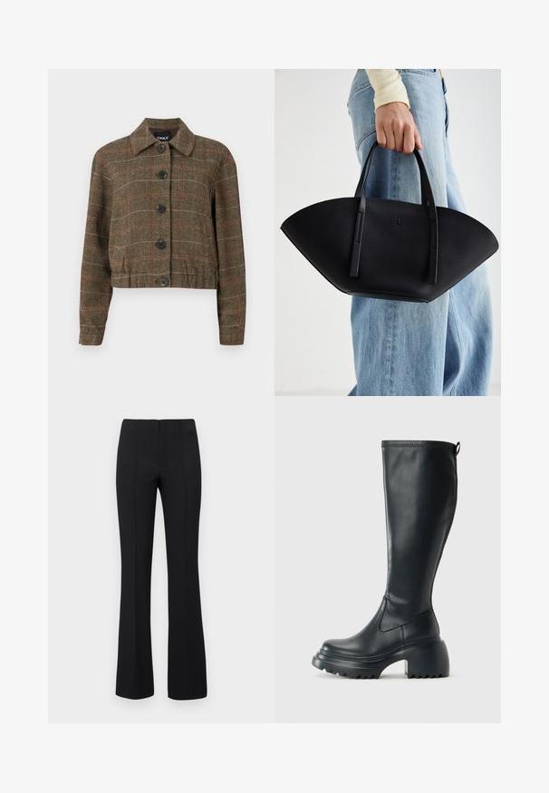 Brūna hounds-tooth stila jaka ar apmetni, sešām melnām pogām un kontrastējošām sarkanām un bēšām līnijām visā austajā tekstūrā.; Balta noņemtā T-kreklu ar īsām pūkām, apaļu kakla izgriezumu un savāktu apakšmalu, izgatavota no mīksta kokvilnas auduma.; Melnas flared bikses ar ribotu tekstūru un pieguļošu vidukli. Dizainā ir vertikālas šuves, lai radītu plūdenu izskatu. Nav redzamu aprīkojumu.; Augstas melnas ādas zābakus ar masīvu platformu un bloka papēdi, ar vilkšanas cilpu un strukturētu profilu uz ārējā zoles.; Melnas ādas rokassoma ar unikālu ventilatora formu, aprīkota ar plakaniem rokturiem. Virsma ir ar graudainu faktūru un minimālistisku dizainu.