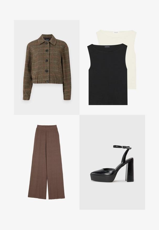 Rudas houndstooth stiliaus trumpa striukė su apykakle, šešiais juodais mygtukais ir kontrastingomis raudonomis bei smėlio spalvos linijomis visame audinio rašte.; Juodi ir kreminiai be rankovių marškiniai, pagaminti iš medvilnės, turintys apvalius iškirpimus ir lygų tekstūrą, sukrauti taip, kad etiketės būtų matomos.; Patalonai plačiais kojomis pagaminti iš tekstūruoto, raukšlėto audinio šiltos rudos spalvos. Savybėje yra be siūlių juosmuo ir platicianti siluetas.; Juodi platforminiai aukšti kulniukai su smailiu kojų pirštu ir reguliuojamu kulkšnies dirželiu. Pagaminti iš lygaus odos, turi masyvų blokinį kulną.