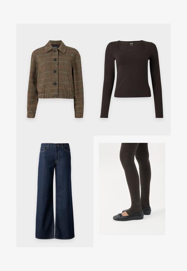 Brun houndstooth kort jakke med krave, seks sorte knapper og kontrasterende røde og beige striber i det vævede mønster.; Sort langærmet, tætsiddende top med firkantet halsudskæring, mærket GAP, præsenteret mod en hvid baggrund.; Bredde ben jeans i mørkeblå denim. Har kontrastsyninger, fem lommer og en knaplukning i taljen. Glat tekstur.; Sorte flade sko med en lille sløjfedetalje ved tåen, parret med mørkebrune ribbede strømpebukser. Skoene har en glat overflade og lav profil.