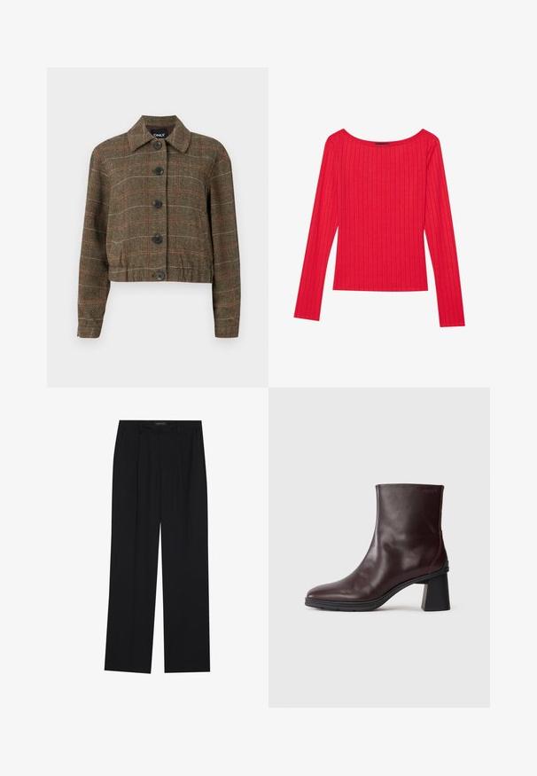 Brown houndstooth cropped jacket with a collar, six black buttons, and contrasting red and beige lines throughout the woven texture.; Red long-sleeve top made of ribbed fabric, featuring a wide neckline and fitted silhouette. Smooth texture with vertical stripes.; Black trousers with a straight-leg design, featuring two front pockets and a waistband. Made from a smooth, lightweight fabric.; Dark brown leather ankle boot with a block heel and round toe, displayed on a plain light gray background.