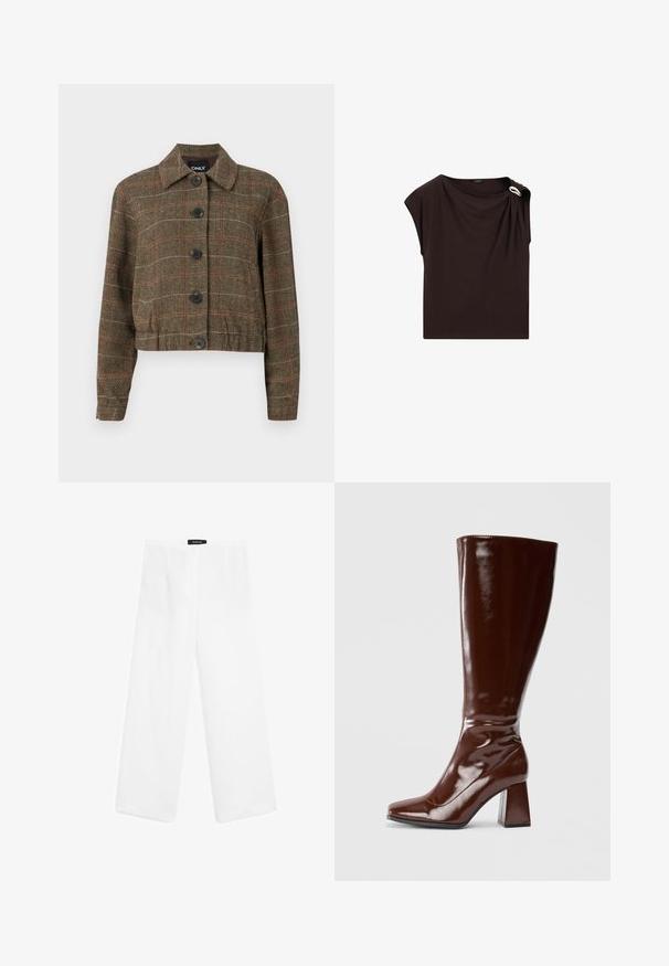 Hnědá kostkovaná zkrácená bunda s límečkem, šesti černými knoflíky a kontrastními červenými a béžovými pruhy po celé tkanině.; Tmavě hnědý bezramínkový top s řaseným výstřihem a stříbrnou oválnou sponou na levém rameni.; Bílé lněné kalhoty širokého střihu s hladkým povrchem, mají středně vysoký pas, dvě přední kapsy a jednoduchý design.; Hnědé lakované kozačky do výšky kotníků se čtveratou špičkou, lesklým povrchem a robustním podpatkem pro větší stabilitu. Bezšvový design bez viditelného kování.