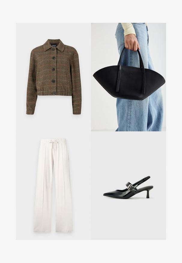 Bruine houndstooth cropped jasje met een kraag, zes zwarte knopen en contrasterende rode en beige lijnen door de geweven structuur.; Er worden twee cami-tops getoond: een zwarte en een witte. Beide hebben dunne bandjes en een aansluitend ontwerp gemaakt van een gladde, rekbare stof.; Lichtbeige sweatpants van zacht materiaal, met een trekkoord in de taille, wijde pijpen en verticale naden, met een gladde textuur.; Zwarte gepatineerde leren slingback hakken met een puntige neus en een kleine blokhak, met een zilveren gespaccent op de band.; Zwarte leren handtas met een unieke waaier vorm, voorzien van platte handvatten. Het oppervlak heeft een gewelfde textuur en een minimalistisch ontwerp.