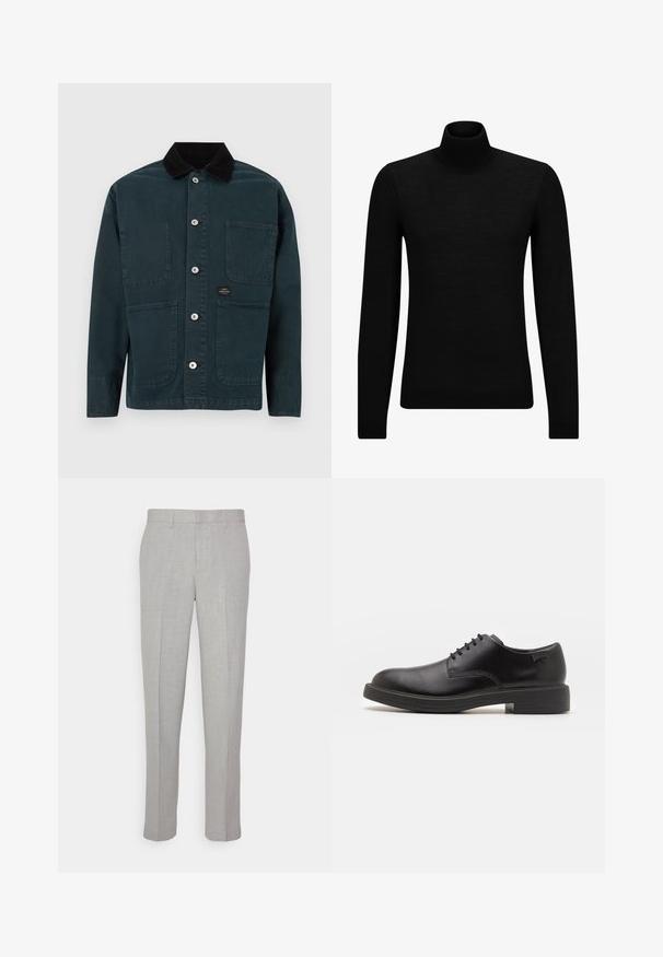 Tmavě zelená bunda s kordurovým límcem, dvěma předními kapsami a pěti kovovými knoflíky na zapínání. Jednoduchý design s čistými liniemi.; Černý rolák vyrobený z měkkého materiálu, s dlouhými rukávy a těsným střihem. Hladký lem na spodním okraji a manžetách. Jednoduchý design.; Světle šedé kalhoty s hladkou texturou, plochým předním dílem a rovnými nohavicemi. Vyrobené z prodyšného materiálu, obsahující vnitřní kapsy a poutka na opasek.; Černé kožené šněrovací boty s kulatou špičkou, hladkým povrchem, minimálním prošíváním a nízkým gumovým podpatkem. Logo na patě.