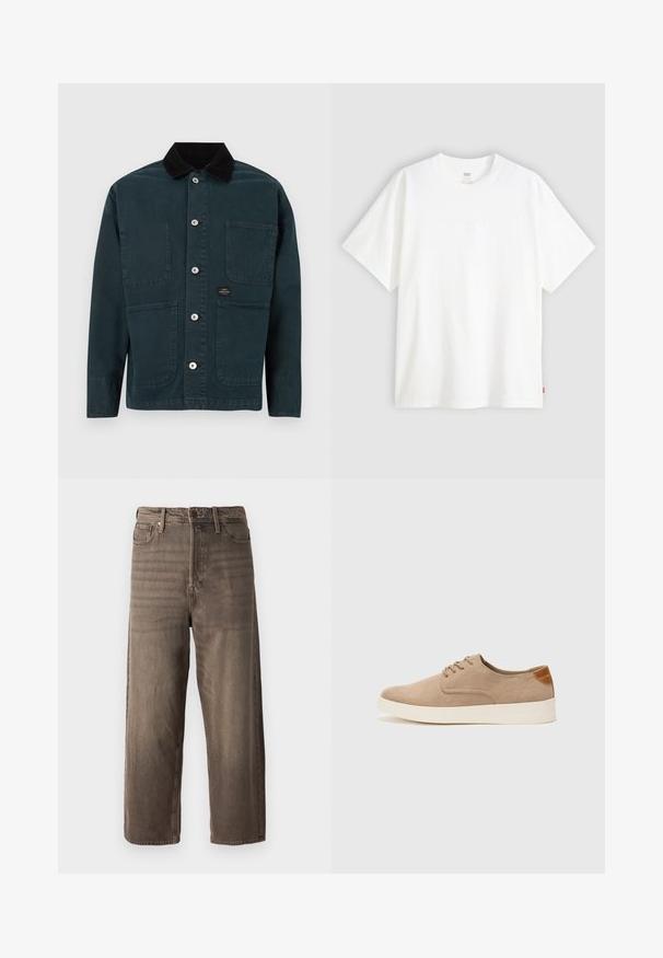 Mørkegrønn jakke med kordfløyelskrage, to frontlommer og fem metallknapper til lukking. Enkel design med rene linjer.; Hvit t-skjorte med korte ermer laget av bomull, med rund hals. Har diskret preget logo detalj foran og en rød etikett på kanten.; Brune vidde bukser laget av denim. Har glidelås, beltehemper og fem lommer. Stoffet har et falmet, teksturert utseende.; Beige semskinnsko med rund tå, snøring foran og en teksturert bakre aksent. Hvit gummisåle gir kontrast. Enkelt og moderne design.