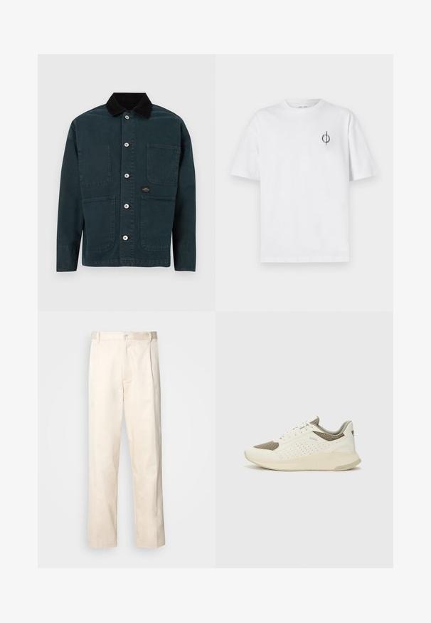 Tumši zaļa jaka ar kordūras apkakli, divām priekšējām kabatām un piecām metāla pogām aizdarei. Vienkāršs dizains ar tīrām līnijām.; Bāla kokvilnas t-kreklu ar brīvu piegulšanu, kuram uz kreisā krūšu apvidus ir neliels melns grafiskais logotips. Īsas piedurknes, apaļas kakla izgriezums.; Bežā krāsā auduma bikses ar taisnu kāju griezumu, pievienotām pogu aizdares un priekšējiem krokām papildu detaļām.; Baltas un gaiši bež sporta apavi, ar sieta augšdaļu, perforētiem detaļām un teksturētu vidusdaļu ar zīmolu uz papēža.