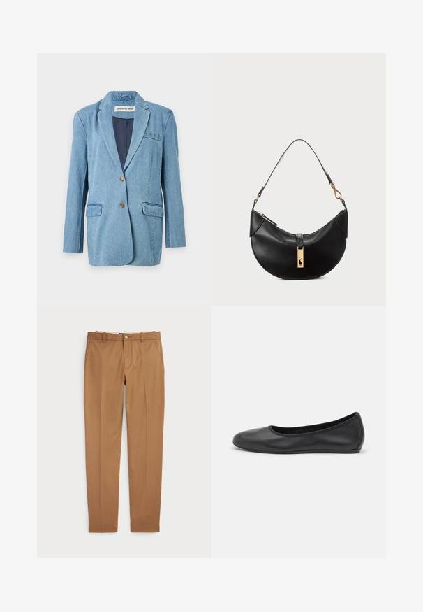 Denim blejzr v světle modré barvě s jedním knoflíkem, s výstřihy ve tvaru klop, dvěma předními kapsami a hladkou vnitřní podšívkou.; Bílá bavlněná tričko s kulatým výstřihem a krátkými rukávy, s uvolněným střihem a minimalistickým designem. Štítek je viditelný na krku.; Hnědé bavlněné kalhoty s úzkým střihem, plochým předním dílem a standardními kapsami; hladký povrch a lemované manžety.; Černé kožené baletní byty s kulatou špičkou, hladkou texturou, minimálními švy a flexibilním designem podrážky.; Černá kožená kabelka ve tvaru půlměsíce. Obsahuje zlaté kovové detaily a úzký popruh. Hladký povrch, zapínání na zip na vrchu.