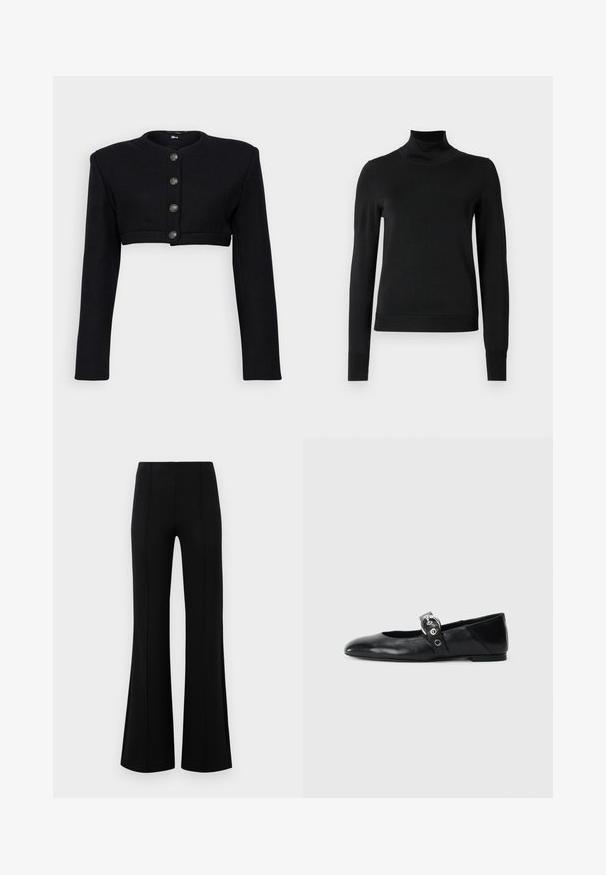 Black cropped jacket with long sleeves, round neck, and textured fabric. Features five decorative silver buttons down the front.; Black long-sleeve turtleneck sweater with ribbed cuffs and hem, displayed on a plain white background.; Black flared pants with a high waist, made of stretchy fabric. Features vertical seam details on the front and a smooth texture.; Black leather ballet flats with a pointed toe, featuring a strap with a circular metallic buckle and a flat sole.