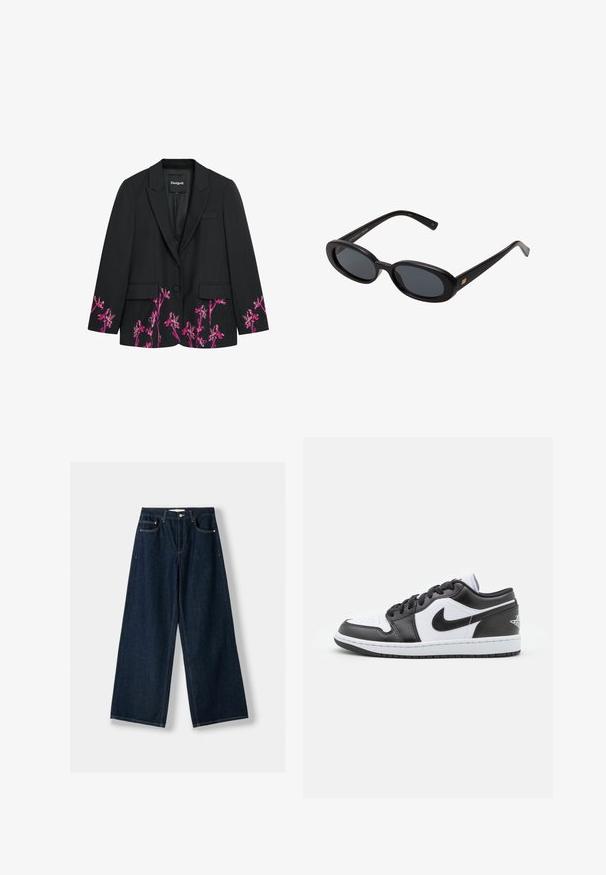 Musta bleiseri, jossa on kukkakuvioista vaaleanpunaista brodeerausta alaosassa ja hihoissa, kaksi etutaskua, yksittäinen nappilukko ja viiltoapina.; Kermanvärinen pooloneule, joka on valmistettu pehmeästä neulekankaasta. Siinä on ribbikudotut hihansuut ja helma, rento istuvuus ja laskeutuvat olkapäät.; Tummansinisiä, leveälahkeisia farkkuja. Ominaisuuksiin kuuluu viisi taskua, nappi- ja vetoketjukiinnitys sekä kontrastoväriset ompelut.; Mustat ja valkoiset Nike matalavartiset lenkkarit, joissa on sileä nahkapinta, pyöreä kärki, nauhakiristys ja kuvioitu kumipohja.; Mustat ylisuuruiset aurinkolasit, jotka ovat soikeat linssit, sileä muovikehys ja kultaiset korostukset temppeleissä. Tummat linssit tarjoavat suojaa auringolta.; Tummanruskea mokkanahkainen olkalaukku säädettävällä hihnalla, kulta-värisillä metalliosilla ja suurella etutaskun läpällä.