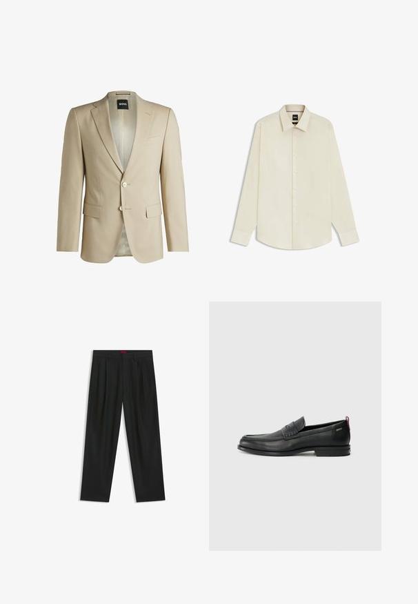 Beige op maat gemaakte blazer met notch-revers, twee voorzakken, sluiting met één knoop en een bedrukte binnenvoering. Zacht textiel.; BOSS JOE KENT - Zakelijk overhemd - open white eleven; Zwarte broek met een geplooid ontwerp, wijde pijpen en een zachte textuur. Voorzien van een rode taillebandlabel.; Zwarte leren instappers met een textuur aan de voorkant en gladde zijden. Voorzien van een slanke hak en een lus aan de achterkant voor gemakkelijk aan- en uittrekken. Klassiek ontwerp.