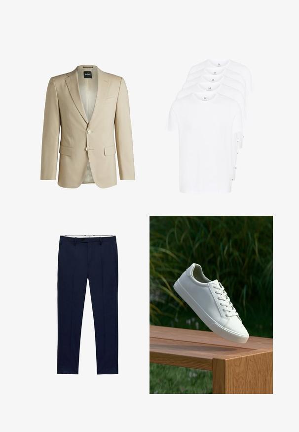 Blazer beige su misura con dettagli a revers, due tasche frontali, chiusura con un bottone e fodera interna a motivo. Tessuto morbido al tatto.; T-shirt bianchi a maniche corte impilati, realizzati in cotone. Presentano un collo rotondo e un taglio dritto. Il tessuto appare liscio senza pattern.; Pantaloni blu navy con vestibilità slim e motivo a righe sottili. Presentano una chiusura con zip, passanti per cintura e tasche frontali. Tessuto dalla texture liscia.; Sneaker bianco con lacci sospeso sopra una panchina di legno, con fogliame verde sullo sfondo, che mette in mostra il design e la texture della scarpa.
