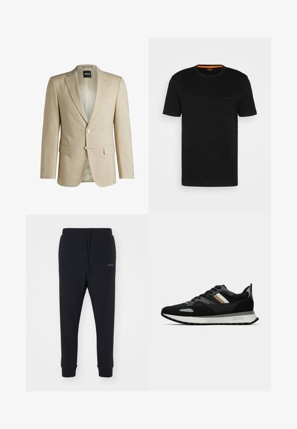 Beige tailored blazer with notch lapels, two front pockets, single-button closure, and a patterned interior lining. Soft-textured fabric.; Black short-sleeve t-shirt made of soft fabric, featuring a round neckline and a subtle logo on the front. Inside collar has orange accent.; Black sweatpants made of soft material with an elastic waistband, drawstring, and tapered legs. Features a small logo on the side.; Black running shoe with a textured surface, light gray accents, and three horizontal stripes in brown. Features a white cushioned sole.