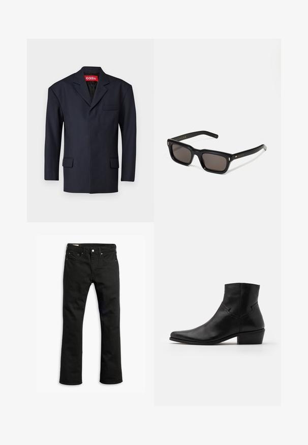Navy blue blazer made from a smooth fabric. Features a single pocket on the left chest, two front pockets, and a subtle collar design.; Beige long-sleeve crewneck sweatshirt, made from soft material, featuring ribbed cuffs and hem, with a smooth texture and minimalistic design.; Black denim jeans with a straight leg design, five pockets, metal button closure, and subtle stitching details. Smooth texture and solid color.; Black leather ankle boot with a pointed toe, minimal stitching details, a mid-height block heel, and a smooth, polished finish.; Black rectangular sunglasses with dark lenses, thick plastic frame, gold accents on temples, and brand logo engraved on the arm.