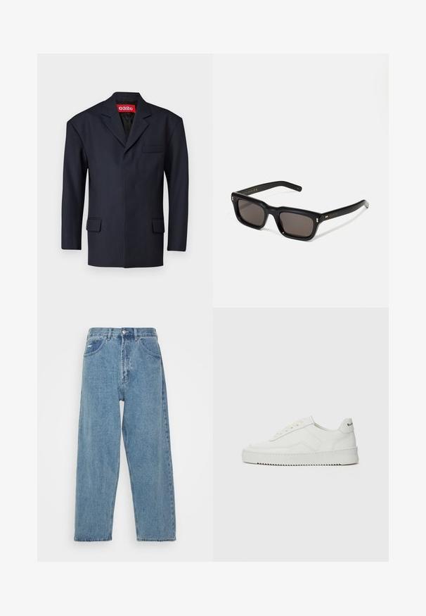 Navy blue blazer made from a smooth fabric. Features a single pocket on the left chest, two front pockets, and a subtle collar design.; White short-sleeve t-shirt in cotton fabric with a round neckline. Simple design with no patterns or accents. Smooth texture.; Light blue denim jeans with a high-waist, relaxed fit, featuring two front pockets, a back patch pocket, and a button closure.; White leather sneaker with a smooth finish, round toe, flat laces, and a textured sole. Features a subtle logo on the heel.; Black rectangular sunglasses with dark lenses, thick plastic frame, gold accents on temples, and brand logo engraved on the arm.