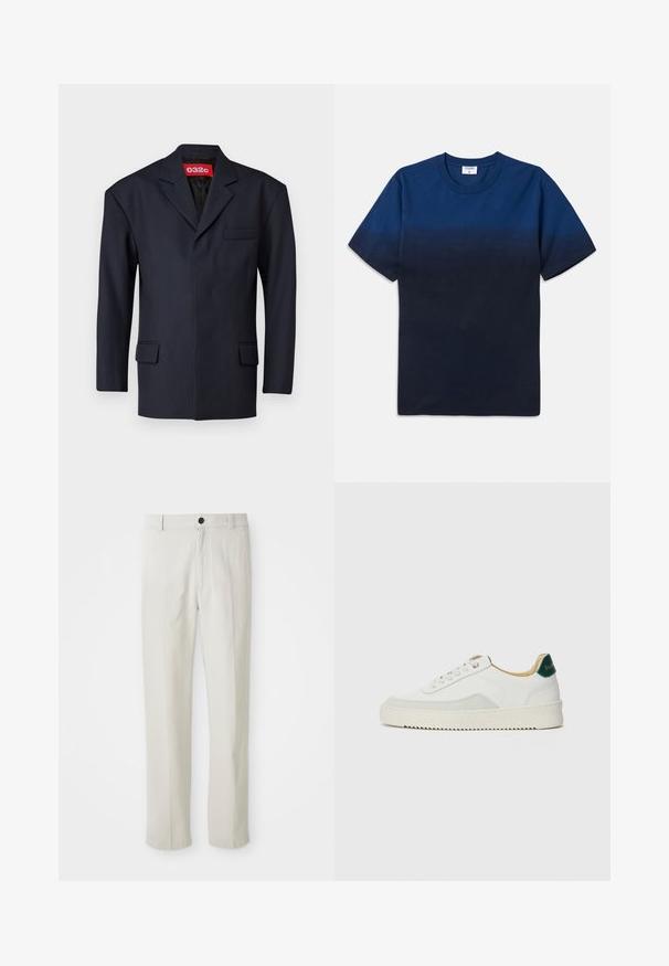 Blazer azul-marinho feito de um tecido suave. Apresenta um bolso único no peito esquerdo, dois bolsos frontais e um design de colarinho discreto.; T-shirt de algodão azul marinho com decote redondo, mangas curtas e um design de gradiente subtil que vai de tons mais claros para mais escuros.; Calças beige de perna reta com passantes para cinto, botão frontal e fecho de zip, exibidas de forma plana sobre um fundo branco.; Tênis brancos com detalhes em camurça, bico arredondado, atacadores planos e sola de borracha creme. Apresenta uma marcação verde no calcanhar.