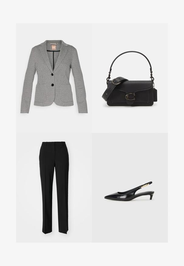 BOSS JONALAHRA - Blazer - open miscellaneous; Schwarzes ärmelloses Tanktop aus geripptem Stoff, mit rundem Ausschnitt und figurbetontem Design, glatter Textur und ohne Muster.; Schwarze, taillierte Hose mit geradem Bein, aus einem glatten Stoff und mit klaren Falten an der Vorderseite. Keine sichtbare Hardware.; Schwarze Leder-Slingback-Pumps mit spitzem Schuhblatt, ausgestattet mit einem schlanken Absatz und einem goldfarbigen Akzent am verstellbaren Riemen. Glatte Textur.; Schwarze Leder-Crossbody-Tasche mit strukturiertem Oberflächen, verstellbarem Riemen und silberner Hardware. Verfügt über einen Frontklappe mit einem Druckverschluss.