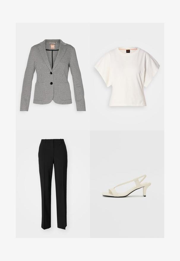 BOSS JONALAHRA - Blazer - open miscellaneous; Weißes, kurzes T-Shirt, kurze weite Ärmel, weicher Baumwollstoff, runder Ausschnitt mit subtilen orangefarbenen Akzenten, minimales Design, keine Muster oder Grafiken.; Schwarze, taillierte Hose mit geradem Bein, aus einem glatten Stoff und mit klaren Falten an der Vorderseite. Keine sichtbare Hardware.; Beige Blockabsatzsandalen mit dünnen Riemen und quadrater Spitze. Glattes Material mit minimalem Design, entworfen für einfaches Tragen.