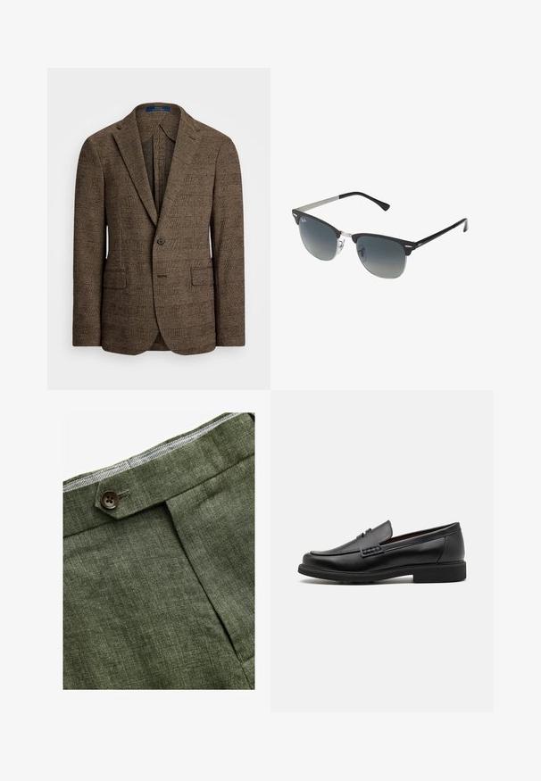 Brun rutigt kavaj med spetsig krage, två framfickor och en enkel knäppning. Den texturerade tyget ger djup åt designen.; Ljusblå långärmad skjorta med knappar och klassisk krage, rak fåll och subtil textur. Har en central knäppning.; Olivgröna linbyxor med en frontveck, med en knappstängning och en kontrasterande rutigt foder i midjebandet.; Svart syntetiska loafers med en framträdande söm på framsidan, vadderad sula och platt gummiyttersula; elegant design med minimalt detaljerad.; Svarta och silverfärgade solglasögon med kattögaform, gradientlinser och metalliska detaljer på ramen. Plastbågar med gråa tippar.
