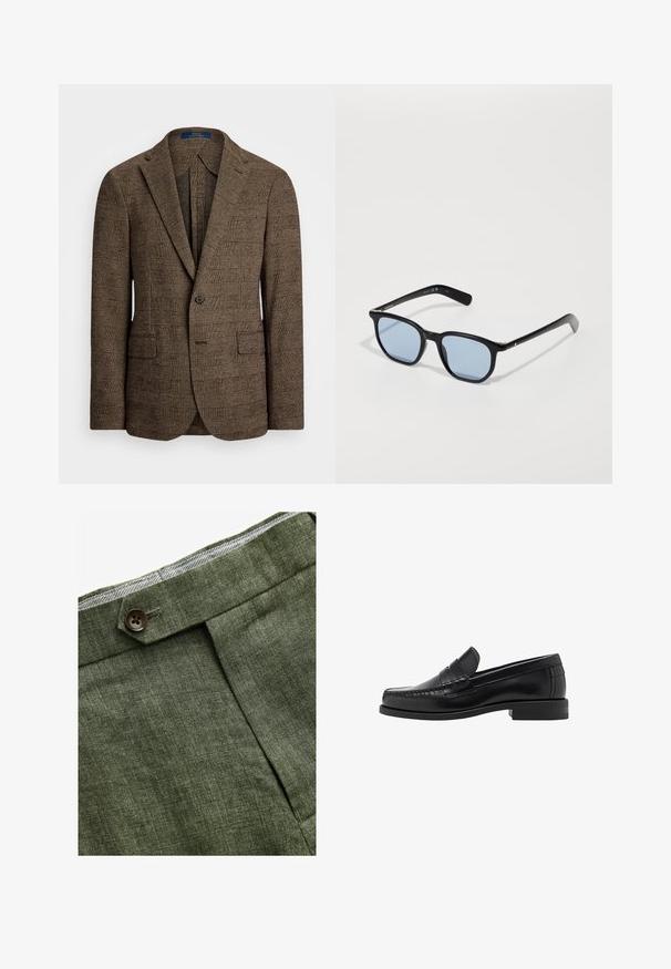 Hnědý kostkovaný blejzr s klopou, dvěma předními kapsami a jedním knoflíkovým zapínáním. Texturovaná tkanina dodává designu hloubku.; Světle modrá košile s dlouhým rukávem a klasickým límcem, rovný lem a jemná textura. Má centrální uzávěr na knoflíky.; Olivově zelené lněné kalhoty s předním záhybem, vybavené zapínáním na knoflík a kontrastní kostkovanou podšívkou v pase.; Černé kožené mokasíny s hladkým povrchem, prošíváním na špičce a nízkým podpatkem pro komfort a styl.; Černé sluneční brýle s obdélníkovými rámy, světle modrými skly a hladkým plastovým povrchem. Mají úzké nožičky s jemným logem.