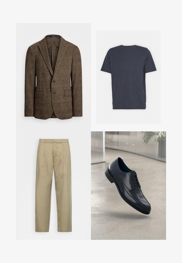 Kohvane ruuduline bleiser, millel on notšitud krae, kaks esikot ja ühe nupu sulgemine. Tekstuuriga kangas lisab kujundusele sügavust.; Tumed sinine ümar kaelusega T-särk, mis on valmistatud pehmest puuvilla segamisel põhinevast kangast, lühikeste varrukatega ja tavalise lõikega. Ilma nähtavate mustrite või aktsentideta.; Beežid, kõrge vöökoht ja sirge lõikega püksid, millel on lame esiosa, küljetaskud ja sile, tekstuuriga kangas.; Läike must nahkne king, millel on paelad, hõljuv siledate heledate halli põranda kohal ning taustal vertikaalsed metallist vardad.