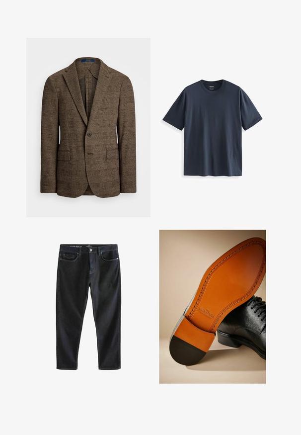 Rudos languotos švarkas su įpjovimu, dviem priekinėmis kišenėmis ir vieno mygtuko užsegimu. Tekstūruota medžiaga suteikia dizainui gylio.; Tamsiai mėlynas medvilnės marškinėliai su apvalia apykakle, trumpomis rankovėmis ir laisvu kirpimu. Lygi tekstūra be matomų raštų ar akcentų.; Tamsiai mėlynos džinsinės kelnes su tiesiomis kojomis, kontrastingomis siūlėmis, dviem priekinėmis kišenėmis ir mygtuku juosmenyje.; Juodas odinis batų su tekstūruotu paviršiumi, kontrastingu rudos odos pagrindu ir juodu kulnu. Yra matoma siuvimo detalė ir logotipas ant vidpadžio.