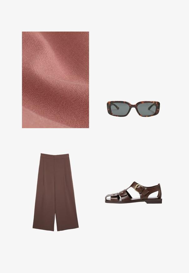 Un matériau textile avec une surface douce et texturée dans une teinte rose atténuée, arborant un subtil motif diagonal et une sensation de douceur.; T-shirt marron à manches courtes en tissu doux, avec un col rond et une coupe décontractée. Texture lisse sans motifs ni accents.; Pantalons larges marron avec une texture lisse, dotés d'une taille haute et de plis à l'avant. Le tissu est léger et tombe de manière fluide.; Sandale en cuir brun avec un design découpé, boucle ajustable sur le côté et semelle plate, avec des accents en métal et une ouverture au niveau des orteils.; Lunettes de soleil en écaille de tortue avec des verres rectangulaires, monture épaisse et verres teintés foncés. Texture lisse et design minimaliste.