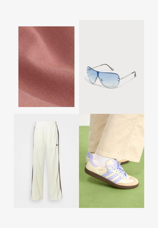 Textilmaterial mit einer weichen, strukturierten Oberfläche in einem sanften Rosaton, das ein dezentes diagonales Muster und ein plüschiges Gefühl aufweist.; Weißes Baumwoll-T-Shirt mit kurzen Ärmeln und rundem Halsausschnitt. Mit einem schwarzen Adidas-Logo auf der Brust und einem kontrastierenden schwarzen Innenkragen.; Cremfarbene Jogginghosen mit lockerer Passform, ausgestattet mit dunkelbraunen seitlichen Streifen und einem gestickten Logo auf dem linken Oberschenkel.; Cremefarbene und lavendelfarbene Sneakers mit drei Streifen und einer strukturierten braunen Sohle, ausgestattet mit Schnürsenkeln und einer gepolsterten Ferse. Obermaterial aus weichem Stoff.; Flugzeugbrille mit einem verlaufenden blauen Glase, silbernem Metallrahmen und dekorativen Sternelementen auf dem Glas. Glattes und elegantes Design.