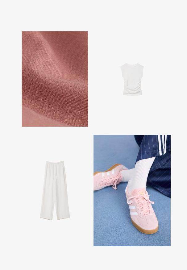 Materiał tekstylny o miękkiej, teksturowanej powierzchni w stonowanym różowym odcieniu, z delikatnym diagonalnym wzorem i puszystym wykończeniem.; Biała bluzka z krótkim rękawem i okrągłym dekoltem. Posiada marszczoną teksturę po bokach oraz dopasowany krój, wykonana z miękkiego, elastycznego materiału.; Białe spodnie o szerokich nogawkach wykonane z lekkiego materiału. Posiadają elastyczny pas z sznurkiem i boczne kieszenie. Gładka tekstura.; Jasnoróżowe zamszowe sneakersy z białymi paskami i sznurówkami, z teksturowanym językiem i gumową podeszwą, umieszczone na niebieskim dywaniku.