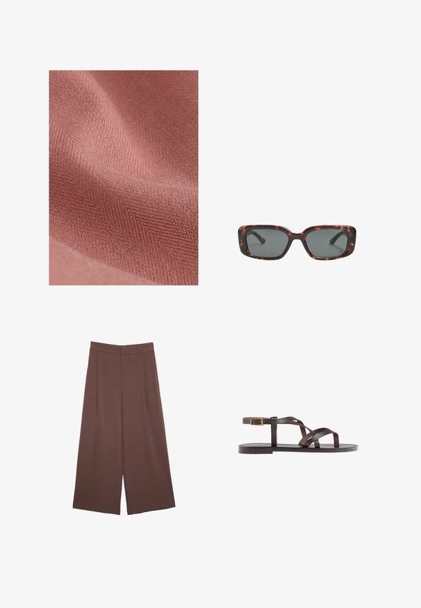 Material tessile con una superficie morbida e texturizzata in una tonalità di rosa tenue, caratterizzato da un sottile motivo diagonale e una sensazione di morbidezza.; Maglietta a maniche corte marrone realizzata in tessuto morbido, con scollatura rotonda e vestibilità rilassata. Nessun motivo o dettaglio visibile.; Pantaloni ampi marroni con una texture liscia, caratterizzati da una vita alta e pieghe frontali. Il tessuto è leggero e scorre liberamente.; Sandal in pelle marrone con cinturini incrociati, chiusura con cinturino alla caviglia e suola piatta con dettagli di cucitura minimi.; Occhiali da sole tartaruga con lenti rettangolari, montatura spessa e lenti scure. Texture liscia e design minimalista.
