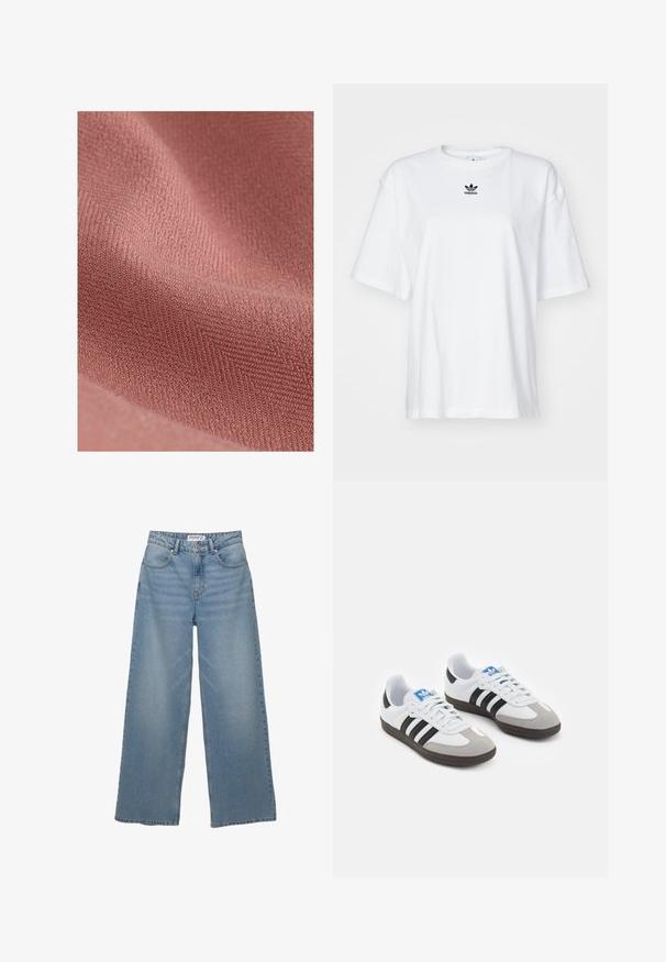 Materiał tekstylny o miękkiej, teksturowanej powierzchni w stonowanym różowym odcieniu, z delikatnym diagonalnym wzorem i puszystym wykończeniem.; Biała, krótko rękawowa koszulka z bawełny. Posiada okrągły dekolt oraz małe, czarne logo Adidas na klatce piersiowej. Proste zakończenie.; Jasnoniebieskie jeansy typu wide-leg wykonane z denimu. Posiadają wysoką talię, pięć kieszeni oraz prosty krój z minimalnym wyblaknięciem.; Buty sportowe z białą skórzaną cholewką, szarym zamszowym noskiem i trzema czarnymi paskami. Posiadają niebieskie logo na języku oraz teksturowaną gumową podeszwę.