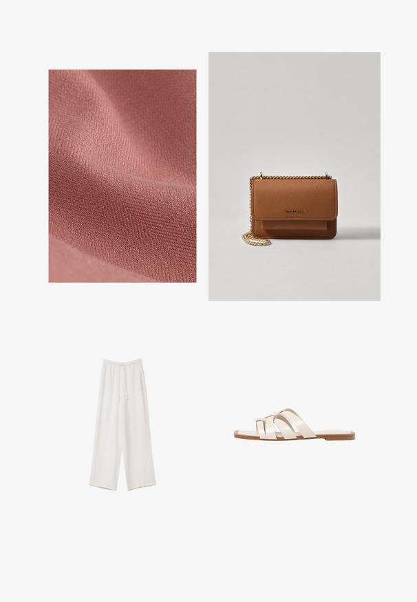 Kangasmateriaalilla, jossa on pehmeä, teksturoitu pinta hillityssä vaaleanpunaisessa sävyssä, jossa on hienovarainen diagonaalinen kuvio ja ylellinen tunne.; Valkoinen lyhythihainen T-paita, joka on tehty puuvillasta. Siinä on pyöreä kaula-aukko ja rento malli. Silkkinen pinta ilman näkyviä kuvioita tai koristeita.; Valkoiset leveälahkeiset housut kevyestä kankaasta. Ominaisuuksiin kuuluu elastinen vyötärö, jossa on nauhakuuluma ja sivutaskut. Sileä rakenne.; Tason vaaleanruskealla kumipohjalla, jossa on kolme päällekkäistä valkoista nahkaremmiä ja pieni satiininen rusetti keskellä.; Ruskean teksturoidun nahkasta valmistettu crossbody-laukku, jossa on kultaketjuhihna ja läppäkiinnitys. Edessä on logodetail ja tasku läppäisen alla.