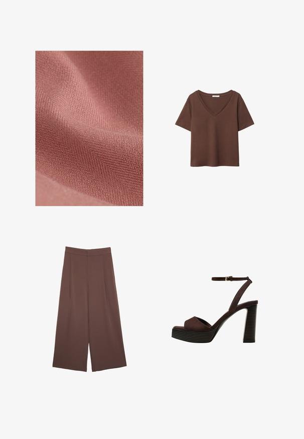 Materiał tekstylny o miękkiej, teksturowanej powierzchni w stonowanym różowym odcieniu, z delikatnym diagonalnym wzorem i puszystym wykończeniem.; Brązowy bawełniany t-shirt z krótkimi rękawami i głębokim dekoltem w kształcie litery V. Prosty design, miękka faktura i prosty krój u dołu. Brak wzorów i akcentów.; Brązowe spodnie o szerokich nogawkach z gładką fakturą, z wysokim stanem i plisami z przodu. Materiał jest lekki i luźno opada.; Brązowe zamszowe sandały na wysokim obcasie z odkrytymi palcami, regulowanym paskiem na kostce i paskowatą podeszwą.