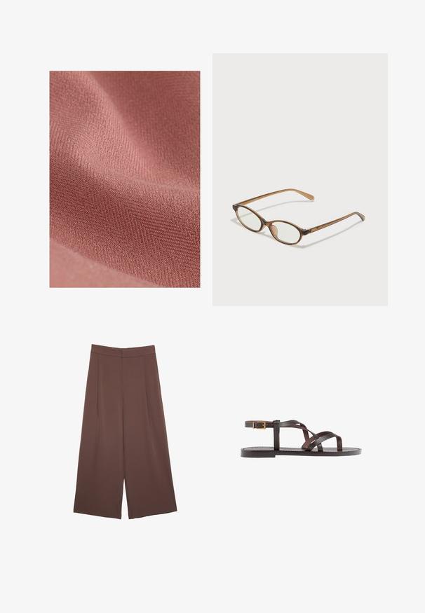 Textilmaterial mit einer weichen, strukturierten Oberfläche in einem sanften Rosaton, das ein dezentes diagonales Muster und ein plüschiges Gefühl aufweist.; Braunes Baumwoll-T-Shirt mit kurzen Ärmeln und tiefem V-Ausschnitt. Einfaches Design, weiche Textur und gerade Saumlinie. Keine Muster oder Akzente.; Braune Weite-Leg-Hosen mit einer glatten Textur, hoher Taille und Vorderfalten. Der Stoff ist leicht und fällt locker.; Braune Leder-Sandale mit überkreuzten Riemen, einem Knöchelriemen mit Schnalle und einer flachen Sohle mit minimalen Nähdetails.; Braune Schildpatt-Brille mit ovalen Gläsern, dünnen Bügeln und transparenten Akzenten. Verfügt über ein dezentes Logo am Bügel. Elegantes, leichtes Design.