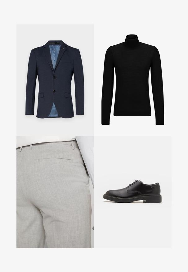 Granatowa marynarka z fakturowanym wykończeniem, jednorzędowa, zapinana na trzy guziki, z kontrastowym jasnoniebieskim satynowym podszewką. Posiada dwie przednie kieszenie.; Czarny sweter z golfem wykonany z miękkiego materiału, z długimi rękawami i dopasowanym krojem. Żebrowane wykończenie na dolnym brzegu i mankietach. Prosty design.; Jasnoszare, dopasowane spodnie wykonane z fakturowanej tkaniny, z pojedynczą tylną kieszenią i starannym przeszyciem.; Czarny skórzany but za kostkę z okrągłym noskiem, gładką fakturą, minimalnym przeszyciem i niskim gumowym obcasem. Logo na pięcie.