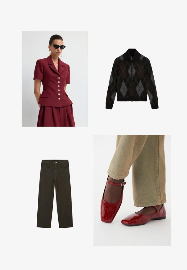 Vrouw in een op maat gemaakt bordeauxrood colbert met korte mouwen en gouden knopen, een bijpassende rok, zwarte kattenoog zonnebril en gouden hangende oorbellen.; Gevoerde cardigan in zwart, antraciet en bruin met een ruitpatroon. Gemaakt van een gestructureerde breiselstof, met een opstaande kraag.; Effen witte T-shirt met korte mouwen en een ronde hals, met een slim fit, vlak weergegeven tegen een witte achtergrond.; Donkergroene wijde jeans van een katoenmix, met een sluiting met een voorste knop, vijf zakken en klassieke denimstiksels.; Rode lakleren schoenen met een vierkante neus, lage hak en enkelbandje, gecombineerd met lichtgroene wijde jeans. Glad textuur, reflecterend oppervlak.