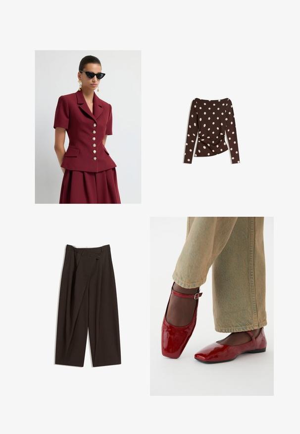 Woman wearing a tailored burgundy short-sleeve jacket with gold buttons, matching skirt, black cat-eye sunglasses, and gold dangling earrings.; Brown long-sleeve top with a scoop neckline, featuring large white polka dots and gathered detail at the waist for a fitted look.; Dark brown wide-leg trousers with a high waist, featuring a single button closure and a pleated front. Made from lightweight fabric.; Red patent leather shoes with a square toe, low heel, and ankle strap, paired with light green wide-leg jeans. Smooth texture, reflective surface.