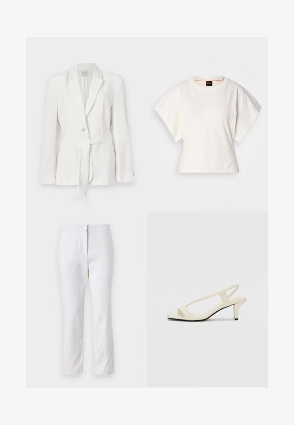 Biały lniany żakiet z pojedynczym zapięciem na guzik, klapami notched i materiałowym paskiem. Posiada dwie przednie kieszenie oraz teksturowane wykończenie.; Biała, krótka koszulka z szerokimi rękawami, wykonana z miękkiej bawełny, okrągły dekolt z delikatnym pomarańczowym wykończeniem, minimalistyczny design, bez wzorów i grafik.; Białe bawełniane spodnie o prostym kroju nogawki, z średnim stanem, bez widocznych elementów metalowych czy wzorów. Gładka tekstura na całej powierzchni.; Beżowe sandały na blokowym obcasie z cienkimi ramiączkami i kwadratowym noskiem. Gładki materiał z minimalną ilością detali, zaprojektowane z myślą o łatwym zakładaniu.