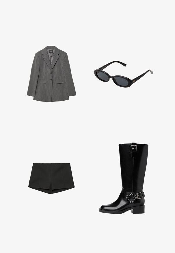 Szary w pasy żakiet o dopasowanym kroju, z klapami w kształcie litery V, na dwa guziki i dwoma przednimi kieszeniami. Wykonany z teksturowanej tkaniny z gładką podszewką.; Koszula z długim rękawem, zapinana na guziki, w pionowe pasy w kolorze bordowym i białym, leżąca płasko na białym tle.; Czarne spodenki wykonane z teksturowanej tkaniny, z wysokim pasem i dopasowanym krojem z przednimi szwami. Brak widocznych kieszeni lub zapięć.; Czarne skórzane kozaki do kolan z okrągłym noskiem, masywnym obcasem, regulowanym paskiem z metalowymi akcentami oraz błyszczącym wykończeniem.; Czarne, oversize okulary przeciwsłoneczne z owalnymi soczewkami, gładkim plastikowym mostkiem i złotymi akcentami na zausznikach. Ciemne soczewki zapewniają ochronę przed słońcem.; Czarna skórzana torba na ramię o zaokrąglonym kształcie, z złotym łańcuchem i gładkim, błyszczącym wykończeniem.