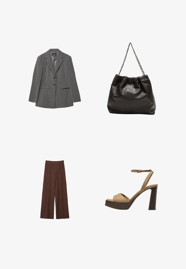 Szary w pasy żakiet o dopasowanym kroju, z klapami w kształcie litery V, na dwa guziki i dwoma przednimi kieszeniami. Wykonany z teksturowanej tkaniny z gładką podszewką.; Brązowa koszulka z krótkim rękawem, wykonana z miękkiego materiału, z okrągłym dekoltem i luźnym krojem. Brak widocznych wzorów lub akcentów.; Brązowe spodnie o szerokich nogawkach, wykonane z miękkiego materiału, z wysokim stanem, pionowymi szwami i gładką fakturą.; Beżowe zamszowe sandały na wysokim obcasie z szerokim paskiem z przodu i paskiem za kostkę, z masywnym drewnianym obcasem o teksturowanym wykończeniu.; Brązowa skórzana torba z marszczonym szczytem i łańcuszkowym paskiem. Gładka tekstura z błyszczącym wykończeniem i subtelnymi detalami szwów po bokach.