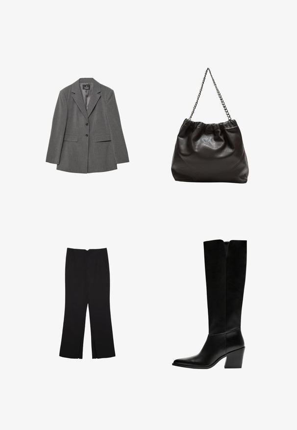 Szary w pasy żakiet o dopasowanym kroju, z klapami w kształcie litery V, na dwa guziki i dwoma przednimi kieszeniami. Wykonany z teksturowanej tkaniny z gładką podszewką.; Czarny krótki top z długim rękawem, okrągłym dekoltem, gładkim wzorem i lekko zaokrąglonym dołem.; Czarne spodnie o prostym kroju, z przednimi kieszeniami i bocznymi rozcięciami na dole. Wykonane z miękkiego, gładkiego materiału. Odpowiednie na różne okazje.; Czarne kozaki do kolan wykonane z gładkiej skóry, z ostro zakończonym noskiem, blokowym obcasem i wycięciem w kształcie litery V na górze.; Brązowa skórzana torba z marszczonym szczytem i łańcuszkowym paskiem. Gładka tekstura z błyszczącym wykończeniem i subtelnymi detalami szwów po bokach.