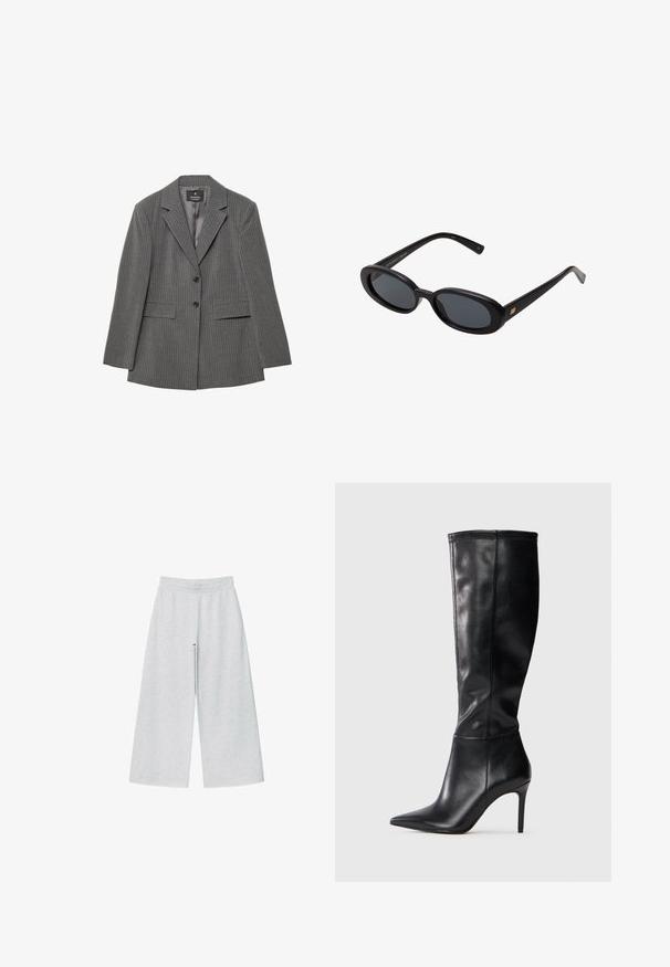 Harmaa raidallinen bleiseri, jossa on muotoonommeltu istuvuus, kaarevat läpät, kaksi nappia ja kaksi etutaskua. Valmistettu teksturoidusta kankaasta, jossa on sileä vuori.; Musta jumpsuit, jossa on pitkät läpinäkyvät hihat, edessä roikkuvaa kangasta ja tiukka alaosa. Sileä tekstiili ja vartalonmyötäinen siluetti.; Harmaita leveälahkeisia housuja, jotka on valmistettu pehmeästä kankaasta ja joissa on joustava vyötärönauha. Suunnittelussa on väljä malli, joka tarjoaa mukavuutta ja liikkumisen helppoutta.; Polvisen korkeudelle ulottuvat mustat nahkasaappaat, joissa on teräväkärkinen muoto ja stiletto-korko. Ne ovat sileäpintaiset ja minimalistisella suunnittelulla, ilman näkyviä koristeluja.; Mustat ylisuuruiset aurinkolasit, jotka ovat soikeat linssit, sileä muovikehys ja kultaiset korostukset temppeleissä. Tummat linssit tarjoavat suojaa auringolta.; Mustassa nahkaisessa olkalaukussa on kaareva siluetti, joka sisältää kullanvärisen ketjuhihnan ja sileän, kiiltävän pinnan.