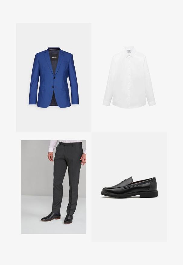 Blå blazer i texturerat tyg med enfaldig framknäppning, två knappar och sidfickor; märkesinre etikett synlig.; Vit långärmad skjorta i slät tyg, med en klassisk krage, knäppning fram och rundad avslutning. Minimalistisk design utan mönster.; Grå skräddarsydda byxor med en slät textur, med rak front och bälteshällor, tillsammans med svarta finskor.; Svart syntetiska loafers med en framträdande söm på framsidan, vadderad sula och platt gummiyttersula; elegant design med minimalt detaljerad.