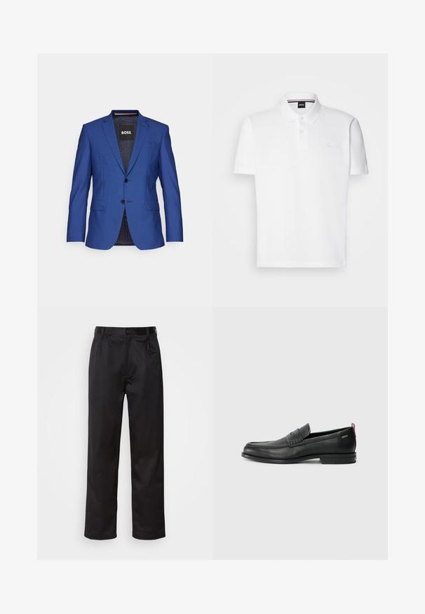 Mėlyna švarkas iš tekstūruotos medžiagos su vieno mygtuko priekiu, dviem mygtukais ir šoninėmis kišenėmis; matoma firminė vidaus etiketė.; Balta polo marškinėliai pagaminti iš medvilnės ir poliesterio mišinio, su apykakle, dviejų mygtukų uždarymu ir subtiliu siuvinėtu logotipu ant krūtinės.; Juodi kelniukai, pagaminti iš lygaus audinio, su užsegimu priekyje, raukšlėmis ir tiesiomis kojomis. Nėra matomų raštų ar akcentų.; Juodi odiniai loafersai su tekstūruotu priekinės dalies panele ir lygiomis šoninėmis dalimis. Yra plonas kulnas ir užpakalinė kilpa patogiam užsidėjimui. Klasikinis dizainas.