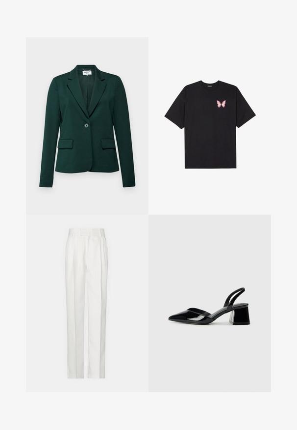 Tume roheline bleiser, millel on lõhikuga krae, ühe nupuga kinnitamine ja kaks eesmist taskut. Valmistatud siledast, venivast kangast.; Must muströöpidega must puuvillane T-särk, vasakul rinnal on väike roosa liblikas. Ümar kaelus ja vabalt istuv lõige.; Valged triibulised püksid, sirgete jalgade disainiga, valmistatud kergest kangast. Ees on voldid ja traditsiooniline talje.; Mustad musta lakknahk kingad, millel on terav varvas ja geomeetriline plokkkonts. Omab elegantselt minimalistlikku disaini ja sujuvat tekstuuri.