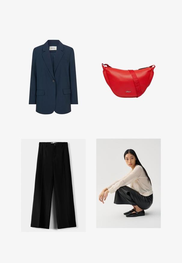 Blazer bleu marine foncé en tissu lisse, doté d'une fermeture à un bouton, de revers en pointe et de deux poches avant. Au design structuré et ajusté.; Blouse à motif vichy marron et blanc, avec un design peplum, un col noué à l'avant et de longues manches amples.; Pantalons larges noirs en tissu léger, avec une fermeture à bouton à l'avant et un devant plat, dotés d'ourlets soigneusement cousus.; Pull léger beige clair en maille transparente avec des manches bouffantes, associé à un pantalon large en cuir noir et des chaussures noires brillantes avec un détail de sangle.; Sac à épaule en cuir rouge avec une forme arrondie, doté d'une sangle contrastante avec un logo en relief et une fermeture zippée. Texture lisse et matériel minimal.