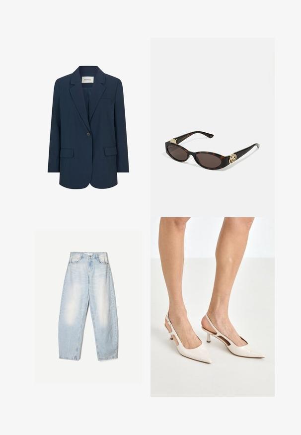 Blazer blu navy scuro realizzato in tessuto liscio, con chiusura a un bottone, revers a punta e due tasche frontali. Design strutturato e su misura.; Camicia button-down a righe blu con colletto, maniche lunghe e orlo curvo. Il tessuto sembra liscio e leggero. Chiusura con bottoni sul davanti.; Jeans in denim azzurro chiaro con una vestibilità ampia, caratterizzati da una finitura sbiadita, due tasche frontali e una chiusura con bottone in vita.; Tacchi slingback in pelle lucida beige con punta affusolata e tacco di 5 cm, caratterizzati da lati traforati e una sottile fascia alla caviglia.; Occhiali da sole tartarugati con lenti ovali allungate, tonalità marrone, accenti dorati con logo sulle tempie e aste nere eleganti.