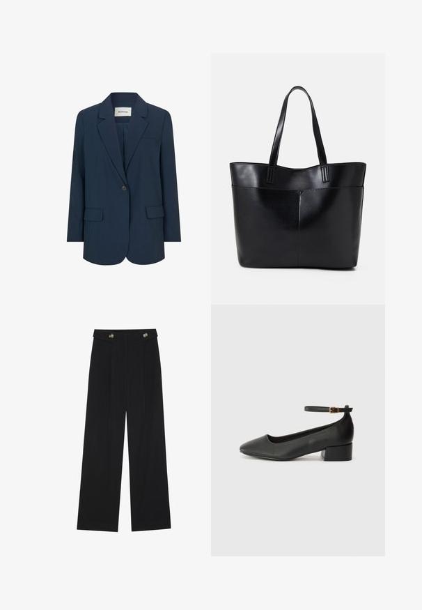 Mørkeblå blazer lavet af glat stof, med enkelt knaplukning, klapkrave og to forlommer. Struktureret og skræddersyet design.; Hvid T-shirt lavet af blødt, let stof. Har en rund halsudskæring og korte, brede ærmer med en afslappet pasform. Ingen synlige mønstre.; Sorte vide bukser med høj talje, knapdetaljer på taljebåndet og frontfald.; Sorte læderpumper med spids tå og en lav blokhæl. Har en ankelrem med en guldfarvet spænde. Glat tekstur.; Sort læder tote taske med to lange håndtag, en glat tekstur og en struktureret form. Har en forlommem for ekstra opbevaring.